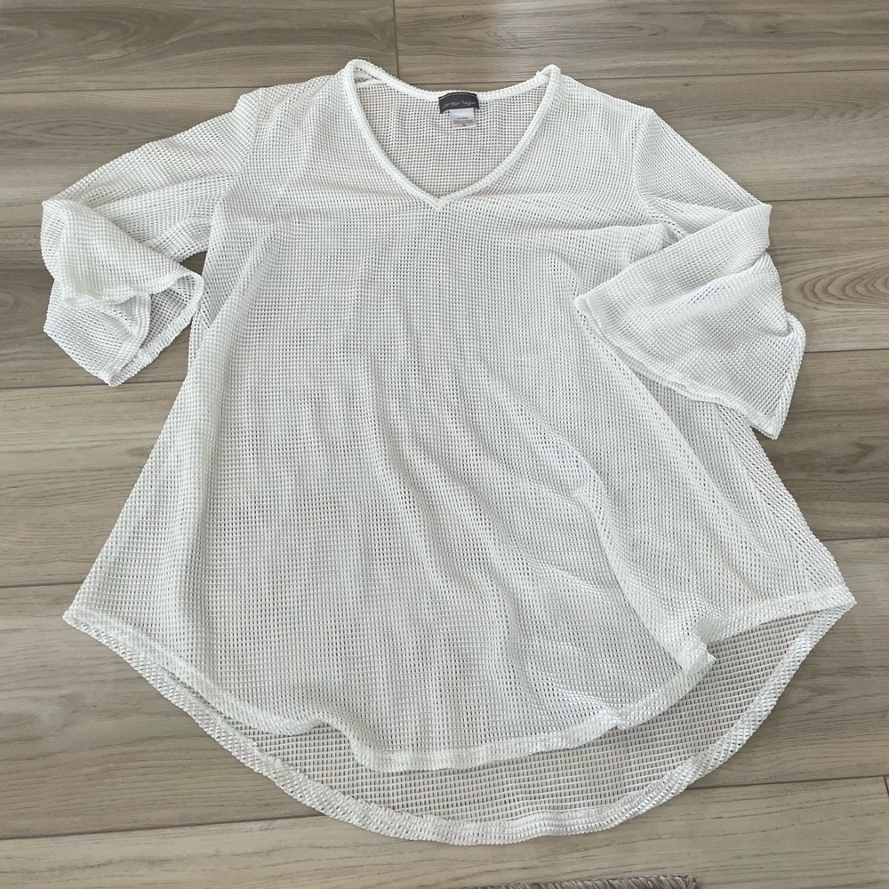 Jordan‎ Taylor White Sheer V Neck Long Sleeve Mesh Swim Coverup Top Size Small
